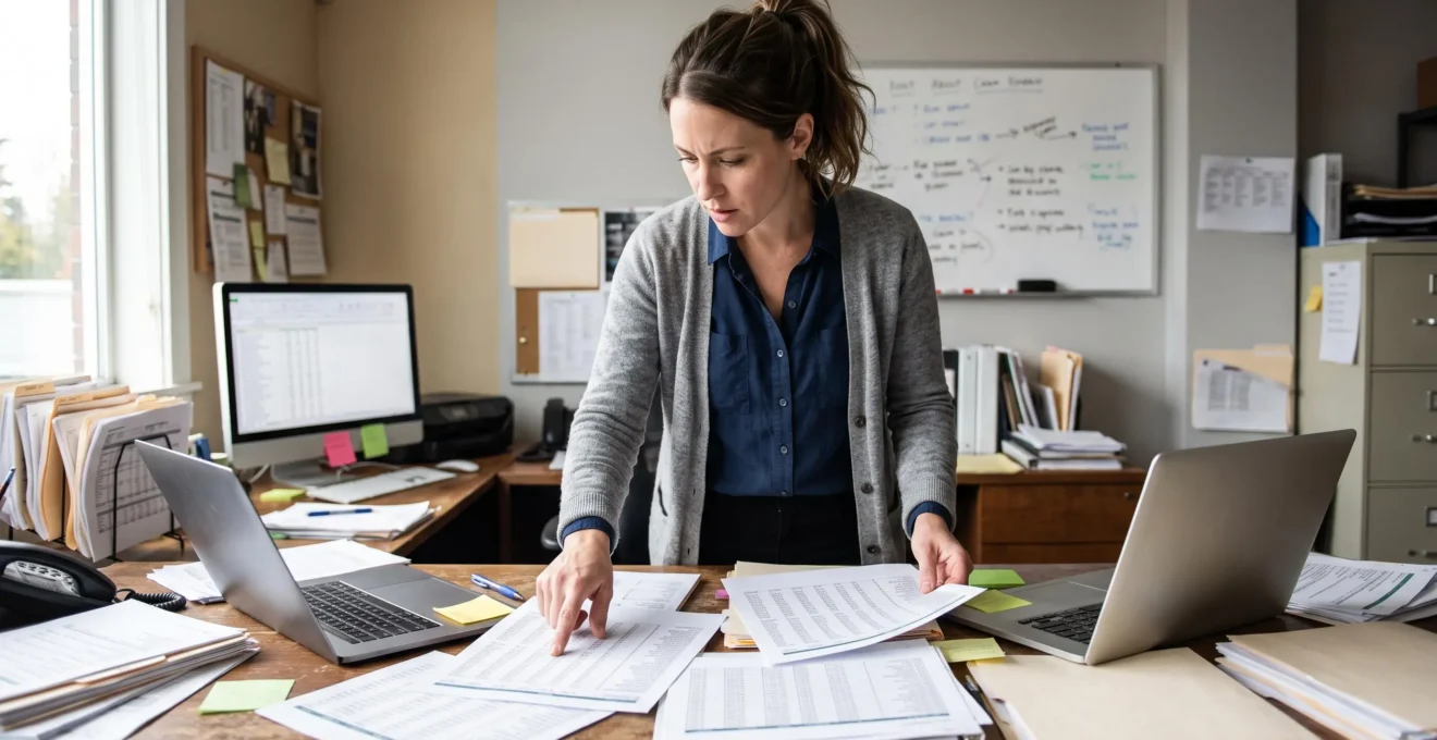 Une employée compare deux rapports imprimés contradictoires sur son bureau, entourée de versions papier et de feuilles de calcul dispersées dans un bureau au Canada.