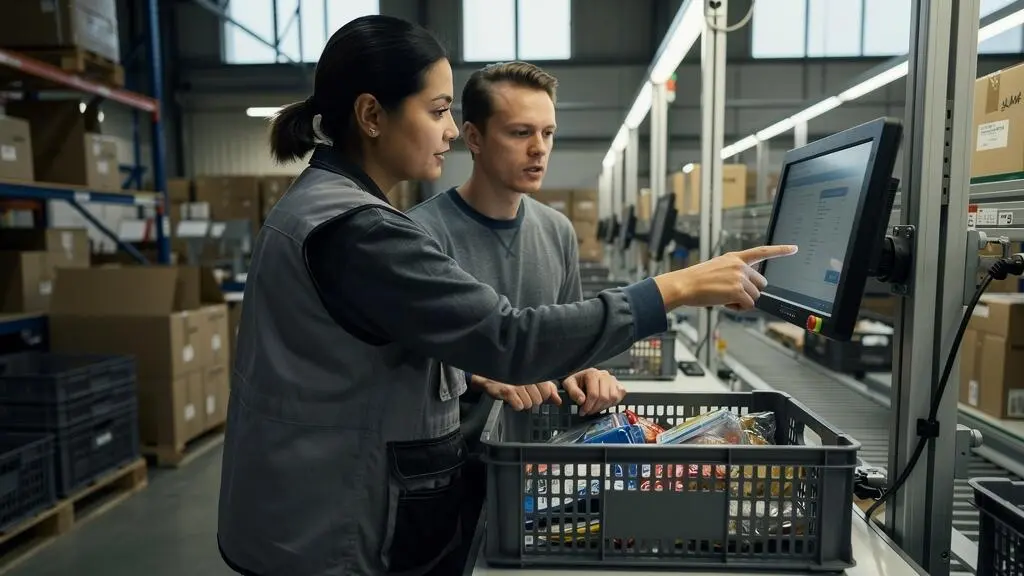 Une employée d'un centre de distribution canadien montre à un collègue comment vérifier une anomalie de commande avec un terminal numérique.