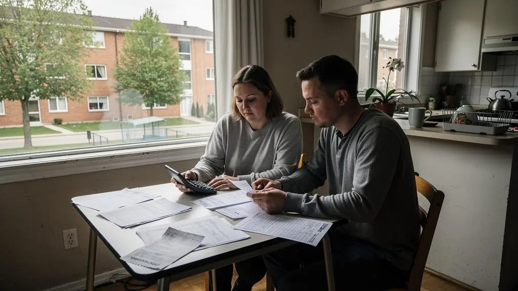 Deux adultes examinent leurs dépenses de logement et leur budget mensuel à la table d'un appartement canadien.