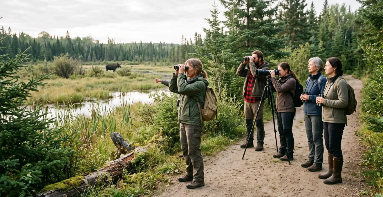 Une guide accompagne un petit groupe de visiteurs qui observent à distance un orignal depuis un sentier forestier au Canada.