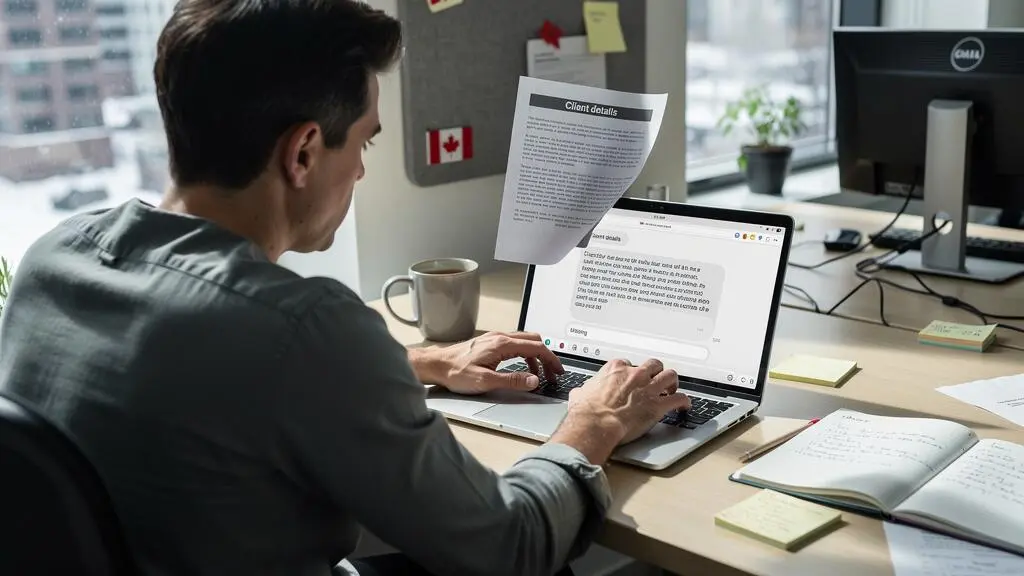 Un employé assis à son bureau s'apprête à coller du texte dans une fenêtre de discussion sur son ordinateur portable tout en tenant un document contenant des informations de clients.