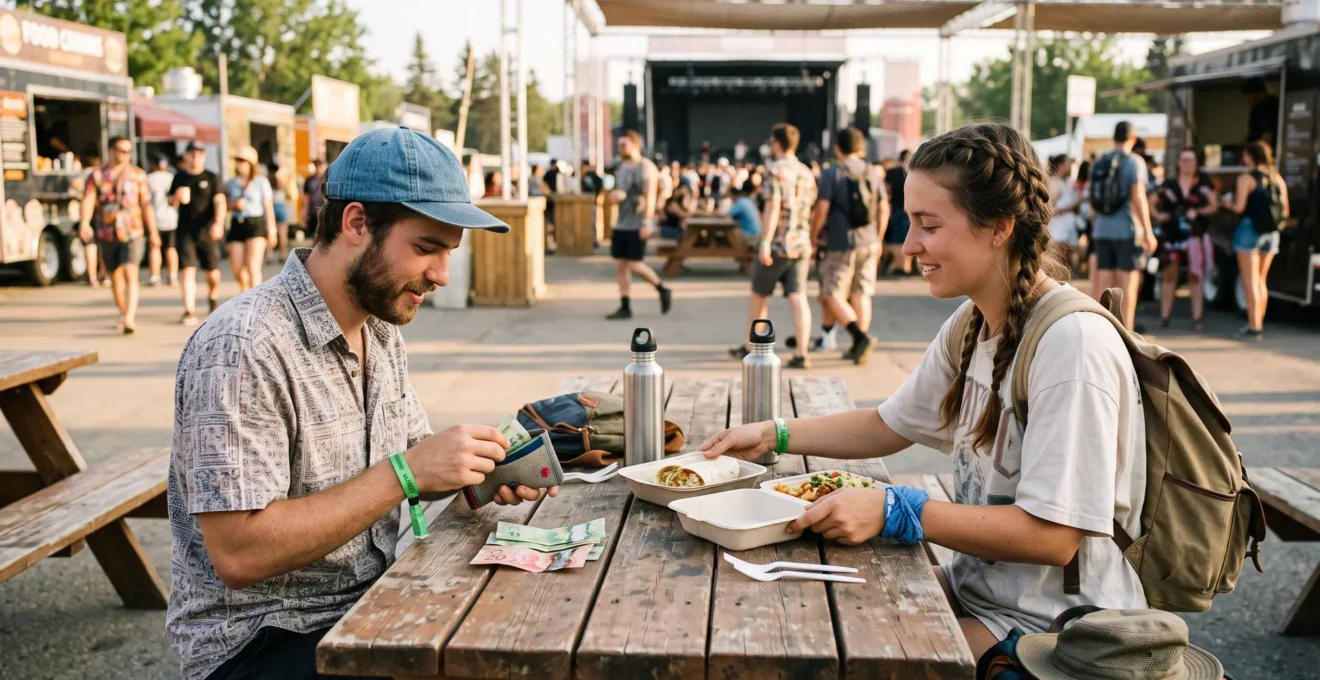 Deux festivaliers vérifient leur argent et prennent un repas à une table de pique-nique pendant un festival de musique en plein air.