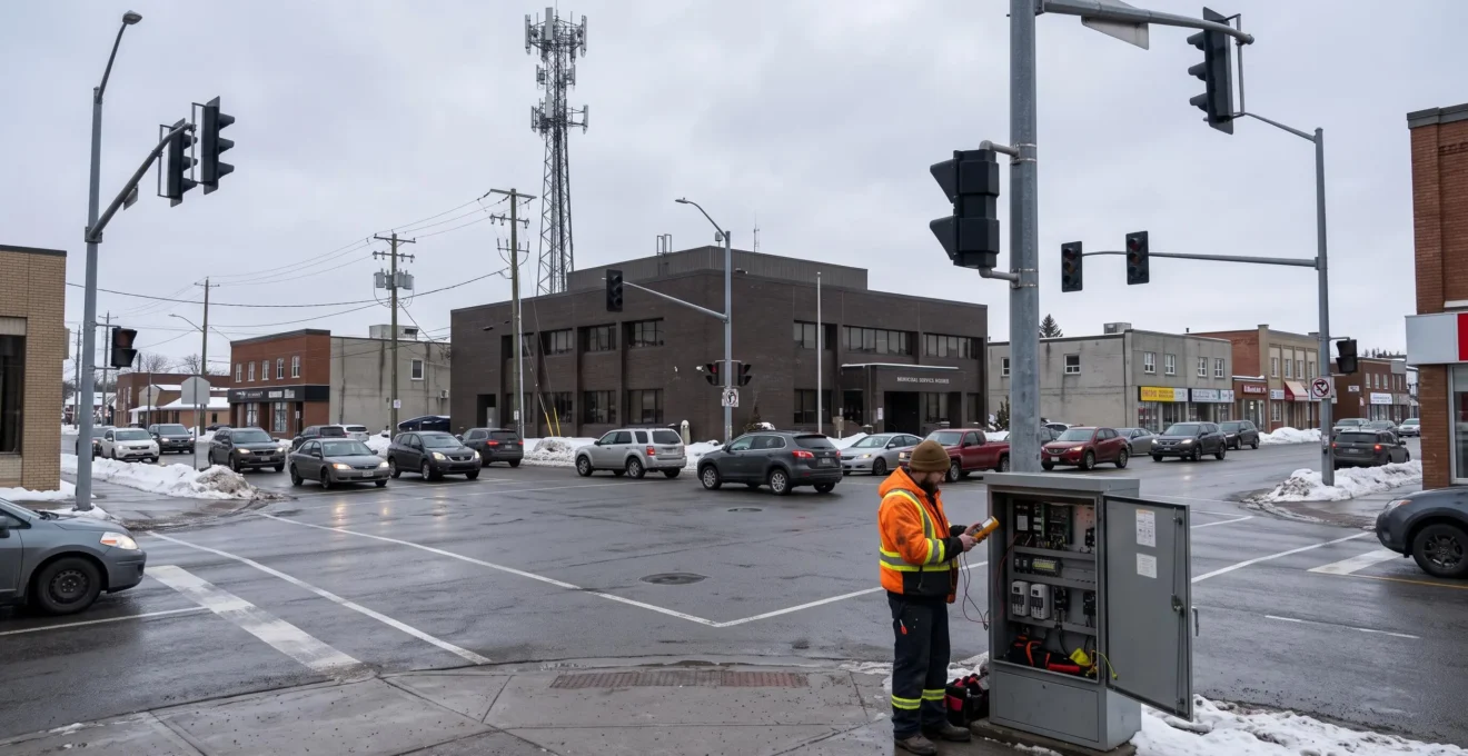 Un technicien municipal inspecte une armoire de signalisation électrique près d'un carrefour aux feux éteints dans une ville canadienne enneigée.