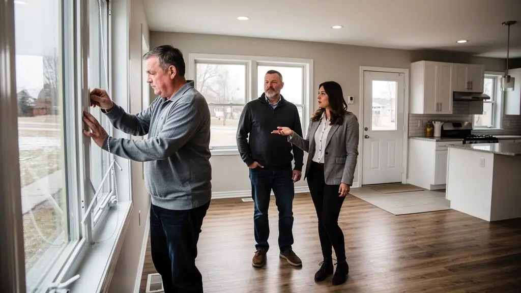 Deux acheteurs visitent une première maison au Canada avec une agente immobilière et examinent l'état d'une fenêtre.