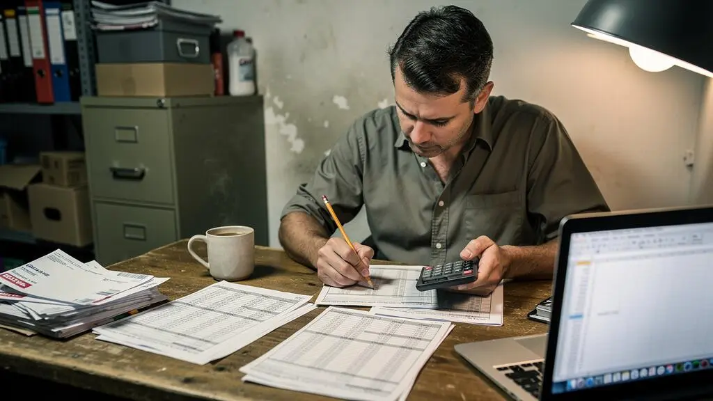 Un propriétaire de PME canadienne calcule ses coûts fixes sur une calculatrice, entouré de factures et de feuilles de calcul sur son bureau.