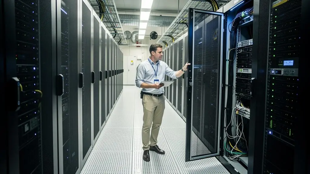 Un responsable informatique inspecte des baies de serveurs dans une salle de données au Canada, tablette en main.