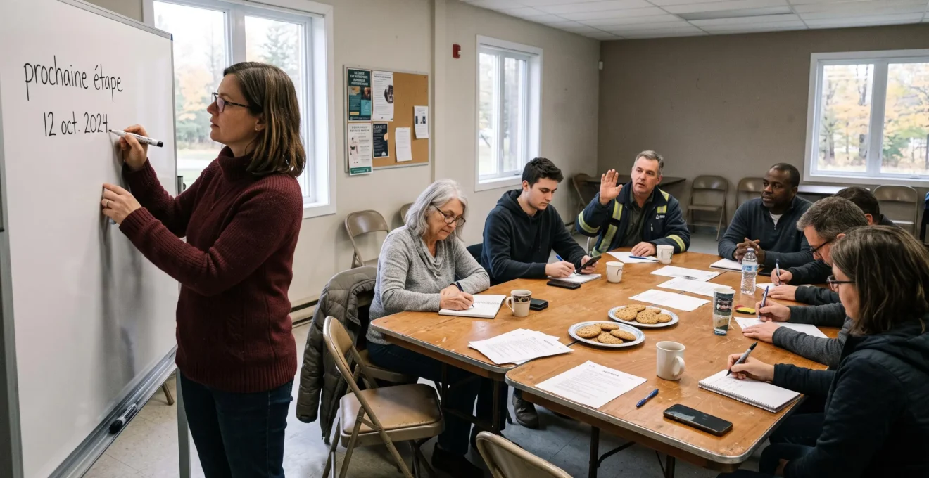 Un groupe de citoyens canadiens anime une première réunion de travail dans une salle communautaire, une femme notant la prochaine étape et une date au tableau blanc pendant que les participants prennent des notes.