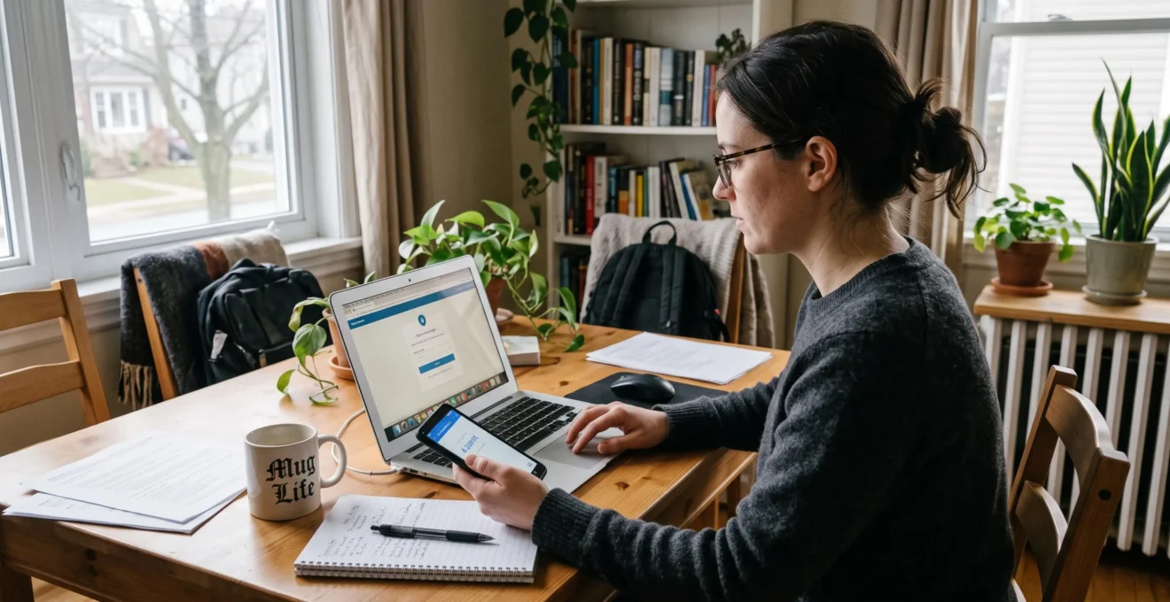Une employée en télétravail saisit sur son téléphone un code d'authentification à deux facteurs pendant qu'elle se connecte à son ordinateur portable à domicile.