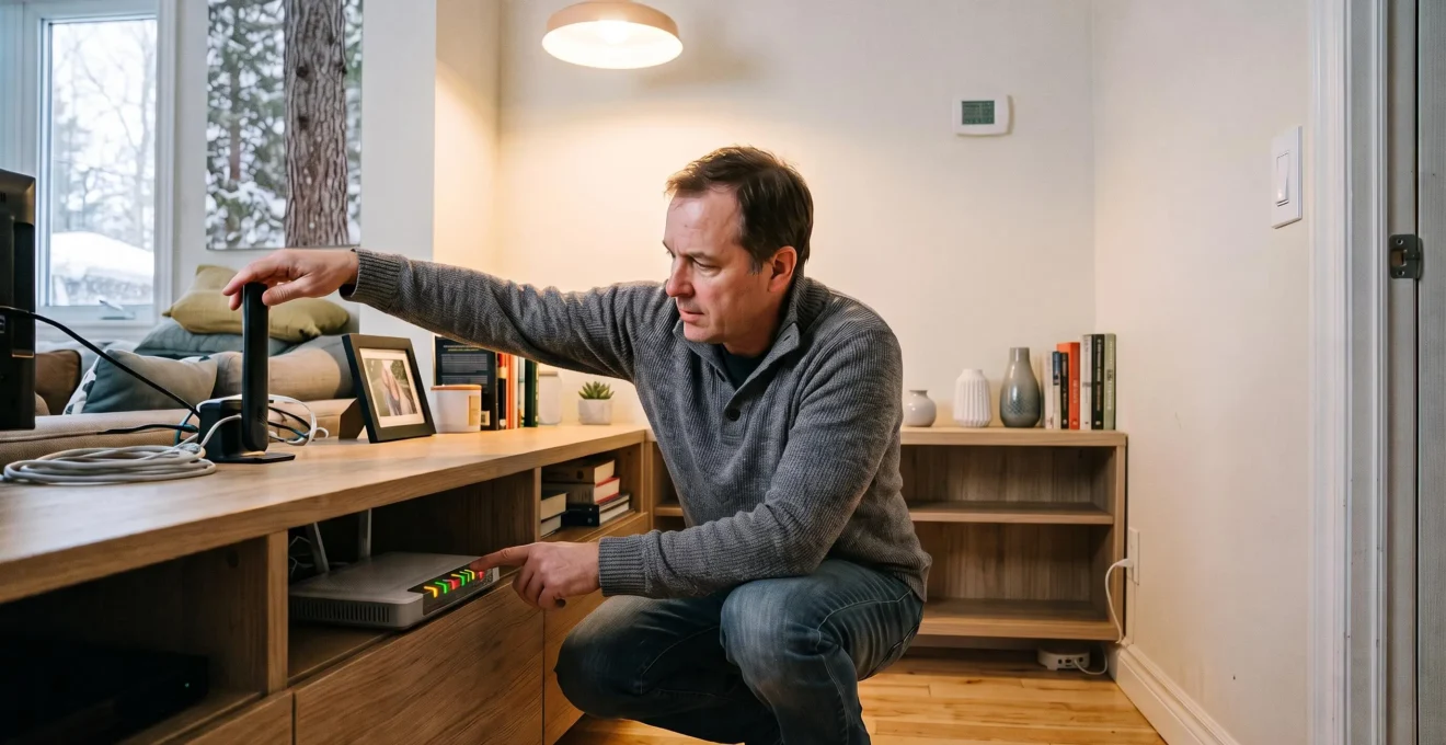 Une personne vérifie son routeur Wi-Fi et actionne un interrupteur intelligent dans le salon d'une maison canadienne.